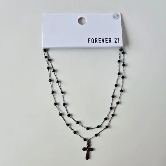 Forever 21 Black Beaded Cross Necklace - Picture 1 of 7